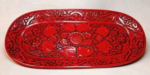 Vintage Chinese Cinnabar Lacquer Tray Floral 11½ X 6