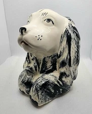 Vintage Pottery Cocker Spaniel Dog Coin Bank American Bisque Copely White Black