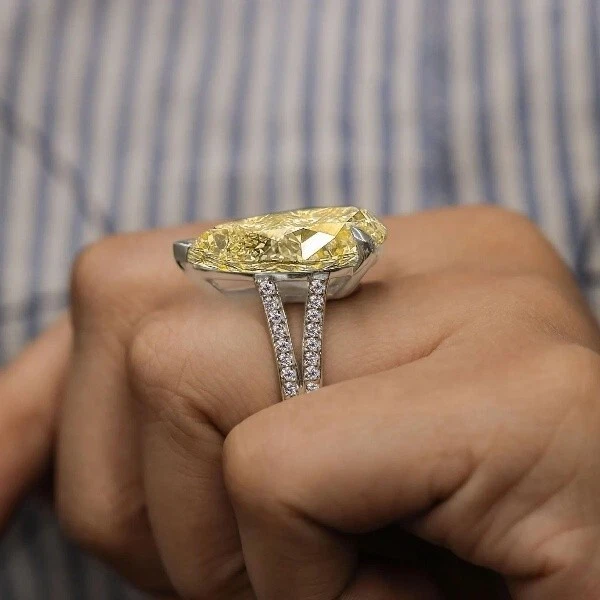 Anillo de diamantes de zafiro amarillo natural talla pera de 11,50 quilates de oro blanco real de 14 quilates talla 7 Foto 3 de 4