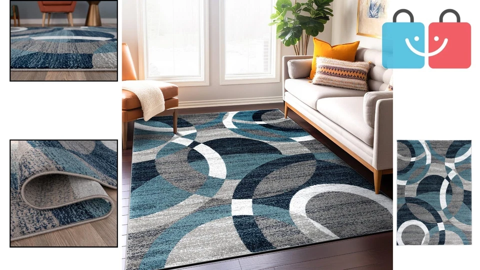 5'3" x 7'3" Blue Contemporary Abstract Circles Area Rug for High Traffic Areas - Image 2 of 4