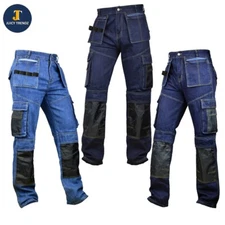 Men Denim Work Pants - Cordura Knee Reinforcement Jeans with Utility Pockets