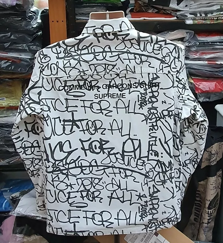 FW18 Supreme x Comme Des Garçons Chemise Imprimée Toile Corvée Manteau Blanc Veste M