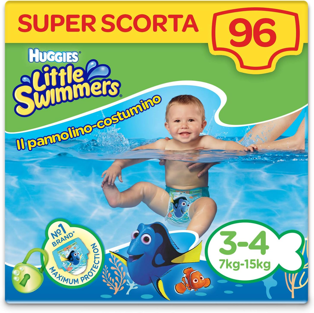 96 Huggies Little Swimmers Pannolini da bagno Tg M 3-4 (7-15 kg)