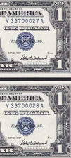 USPC TWO FR 1619 $1 1957 SILVER CERTIFICATES, UNC (GEM) WITH SEQ SERIAL#'s