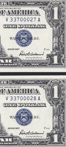 USPC TWO FR 1619 $1 1957 SILVER CERTIFICATES, UNC (GEM) WITH SEQ SERIAL#'s - Picture 1 of 6