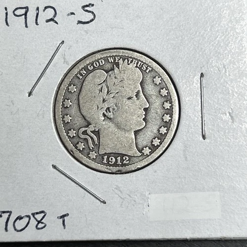 1912-S Liberty Barber Silver US Quarter/ Low Mintage