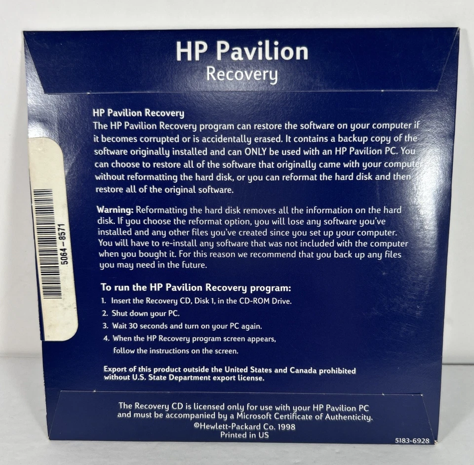 HP Pavillion Recovery Software 1998 Hewlett Packard 5183-6928 - NEW Sealed 90's - Image 2 of 4
