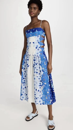 OFF WHITE ABITO NUOVO CON ETICHETTE FARM RIO RIGHE FIORI RITAGLIATO MIDI MISTO LINO TG L BLU BIANCO SPORCO