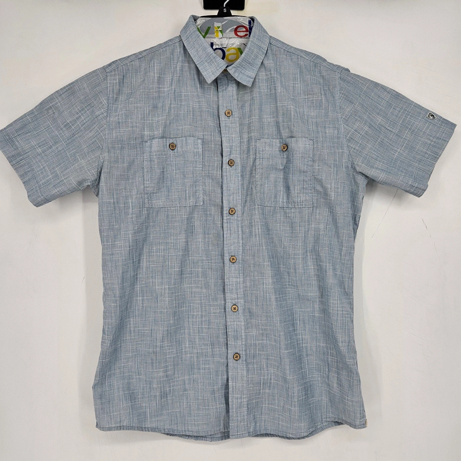 Kuhl Shirt Mens Medium Karib Blue Short Sleeve Button Outdoor Hiking Lightweight