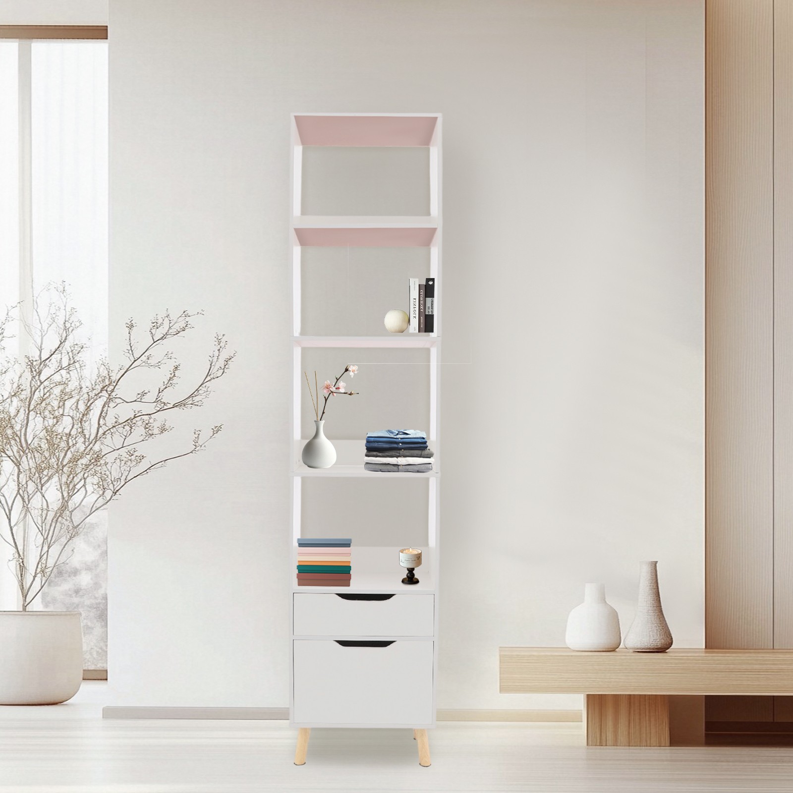 4 Tier Storage Shelf Freestanding Organizing Rack Tall Open Book Stand w/ Drawer