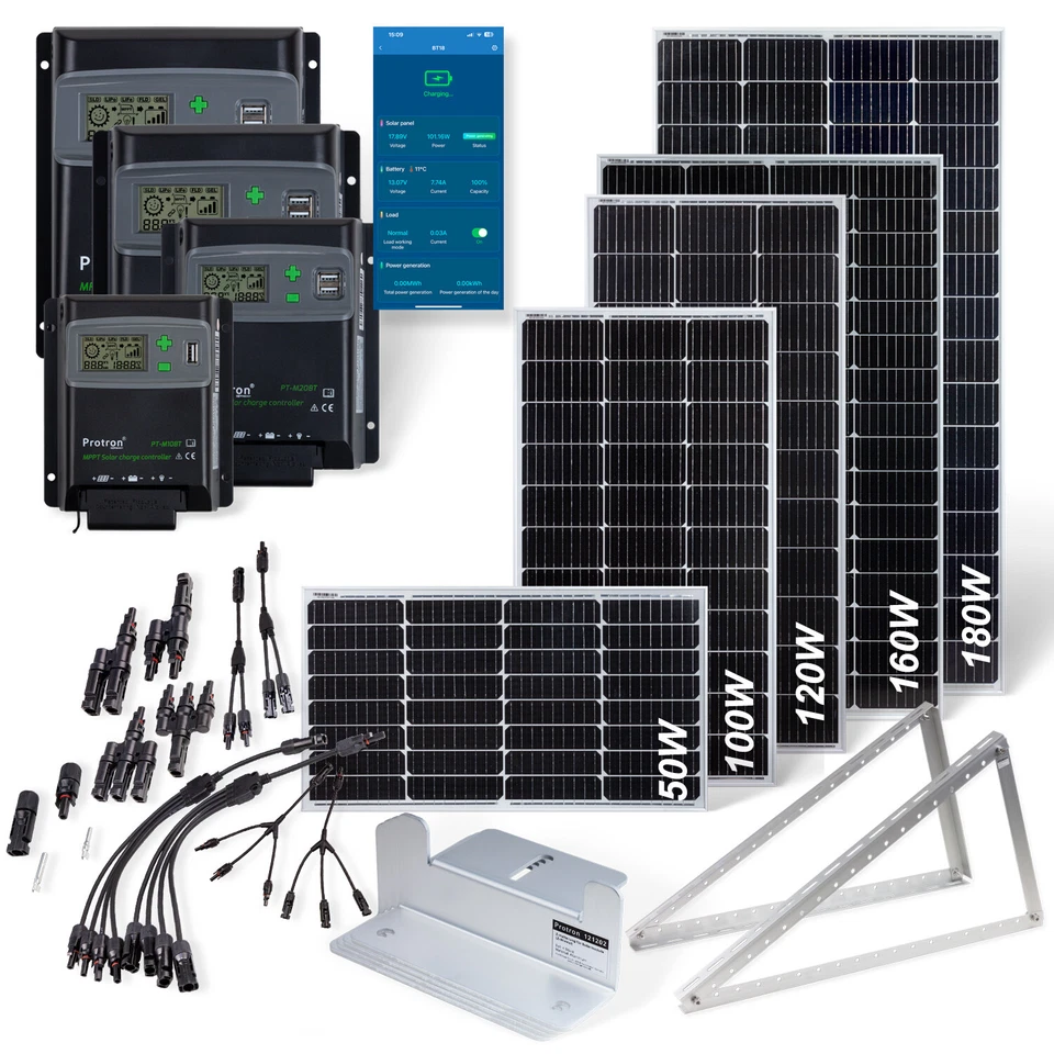 PROTRON Solarpanel 50W 100W 120W 160W 180W für MC4 Stecker Laderegler MPPT PWM Halterung