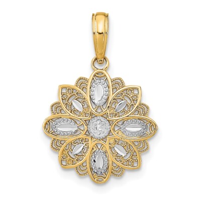 Echt 10K mit Rhodium und Diamantschliff filigran Blume Charm; Damen & Herren