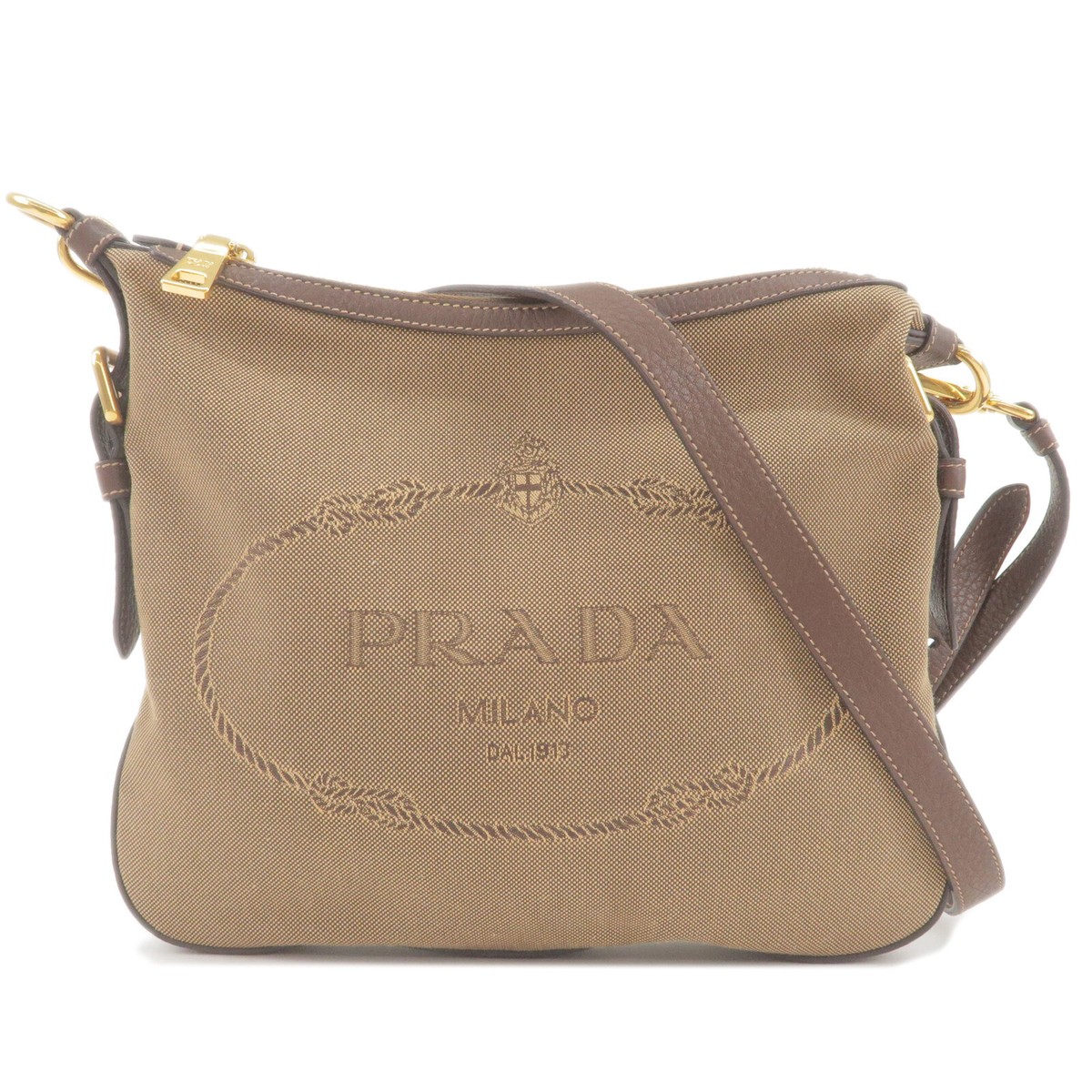 PRADA Shoulder Bag Beige Brown Nylon Jaquard Leather BT0706 Auth