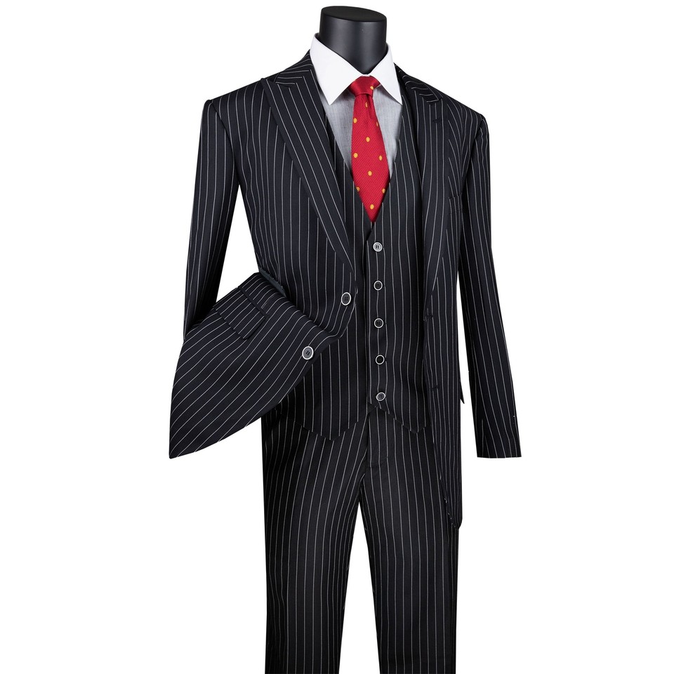 Men’s Vintage Vested Gangster Pinstripe Suit – Black & White 3-Piece Classic Fit main image 0