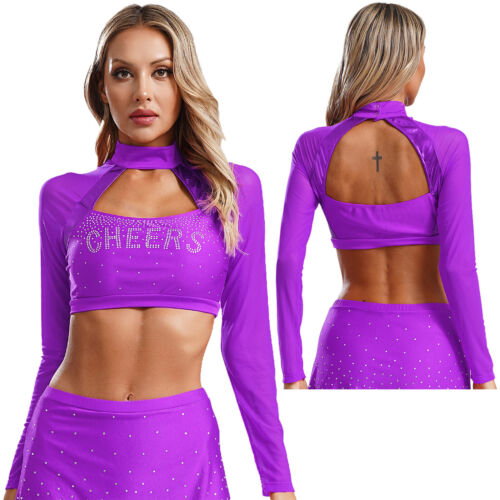 Women Cheer Uniform Tops Night Club Crop Top Rhinestone Cheerleader Costume - Picture 52 of 87