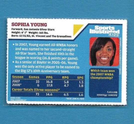 2008 SI Kids SOPHIA YOUNG Rookie Card, San Antonio Silver Stars/ WNBA #283 - Image 2 of 2