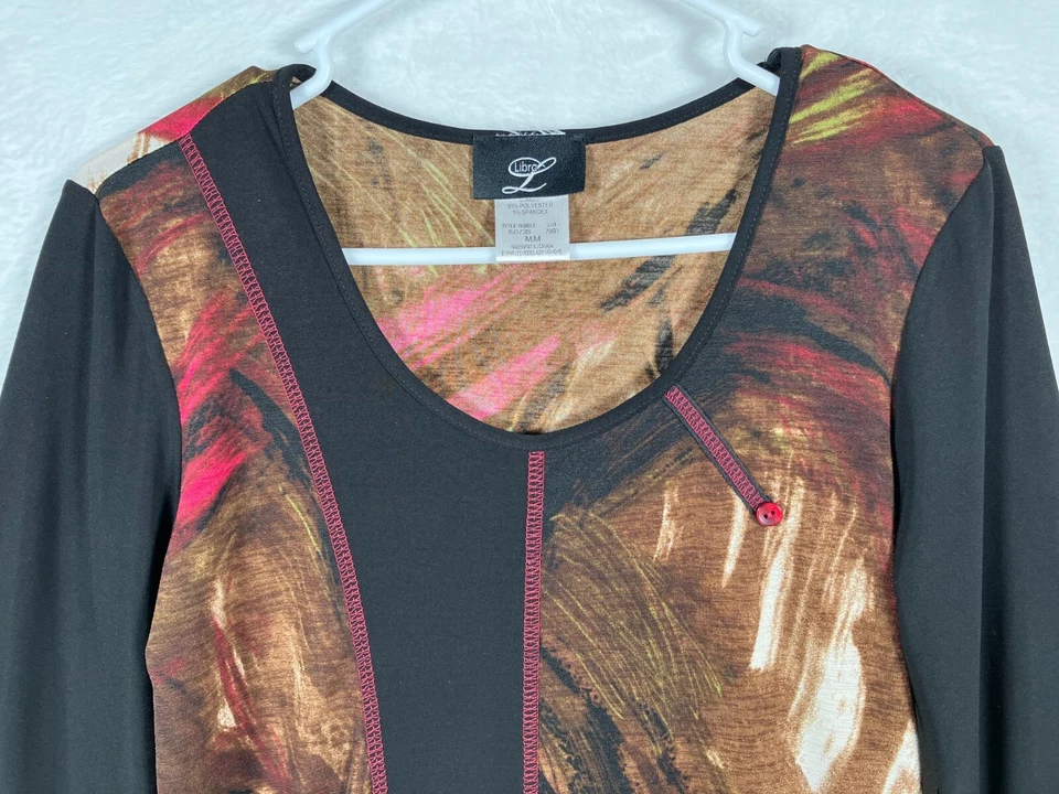 Top túnica negra Libra para mujer talla mediana rosa estampado de retazos camisa tejida elástica Foto 2 de 4