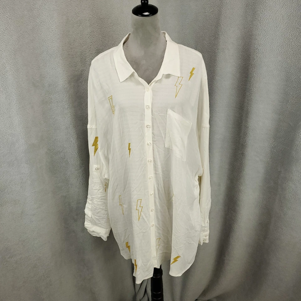 New Torrid Lightning Top Womens 3X White Tunic Blouse Roll Tab Sleeve White Gold - Image 2 of 4