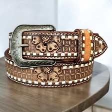 Genuine Leather Western Men's Belt Embossed With Removable Buckle 1-1/2" Wide