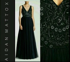 495 AIDAN MATTOX Navy Embellished Beaded Tulle Formal Dress Gown 12 M3020