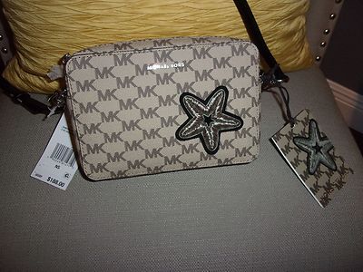  MICHAEL KORS MK PATCHES CROSSBODY/CAMERA BAG NAT/BLACK NWT MSRP $188