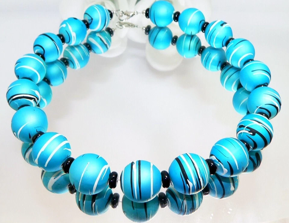 Modeschmuck Kette Halskette PERLEN SPIRAL MUSTER 20mm Ø Türkis schwarz weiß 469q - Bild 4 von 4