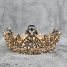 Womens Girls GOLD Rhinestone Crystal Crown Full Round Wedding Queen Princess