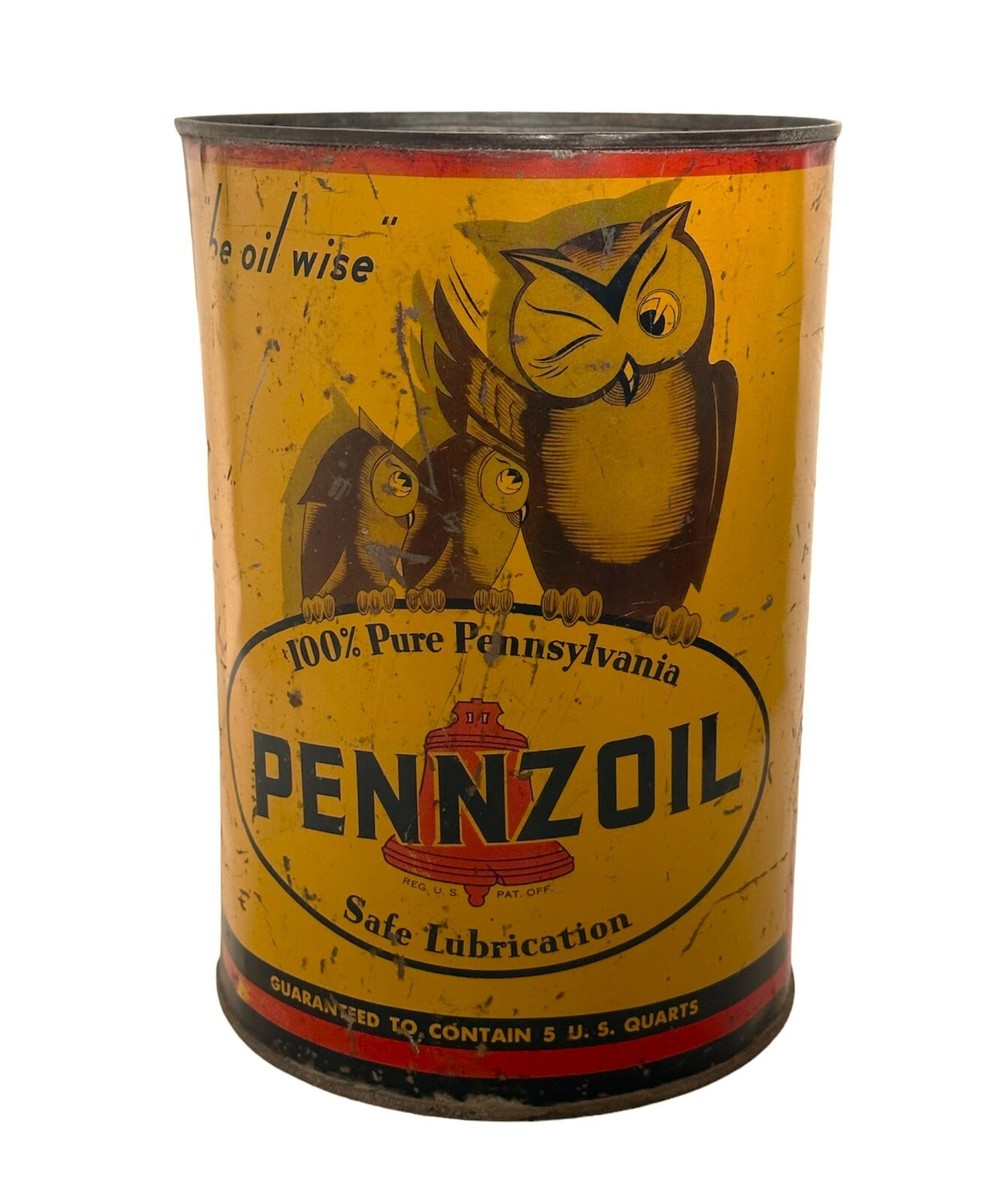 Rare Vintage PENNZOIL 5 Quart Oil Can Winking Owl Graphic - 1930's