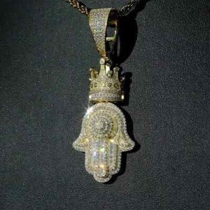 Authentic 2Ct Round Cut Moissanite Crown Hamsa Pendant Chain 14K Yellow Gold Plated