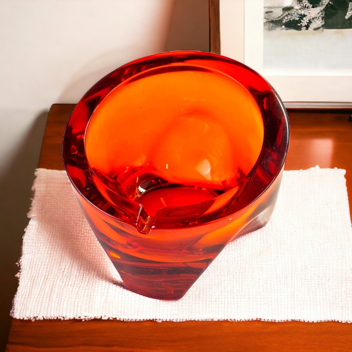 Vintage VIKING GLASS Ashtray Orange Persimmon Tripod Slant Mid