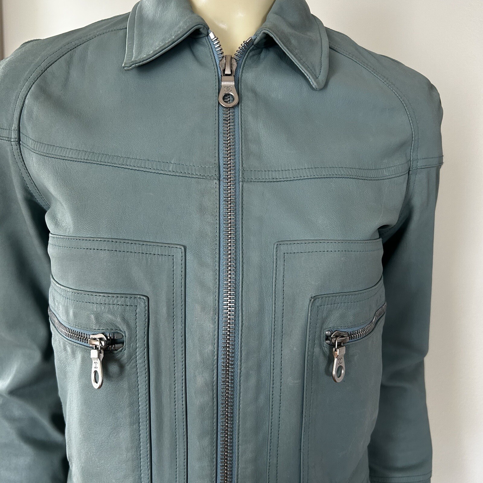 VTG Chanel 02S Identification Blue Moto Leather Jacket with CC Logo Patch & Zips image 5