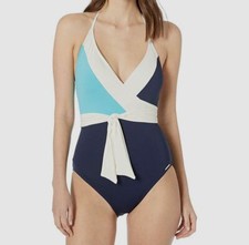  349 Vince Camuto Women's Blue White Colorblock Wrap Halter One Piece Swimsuit 8