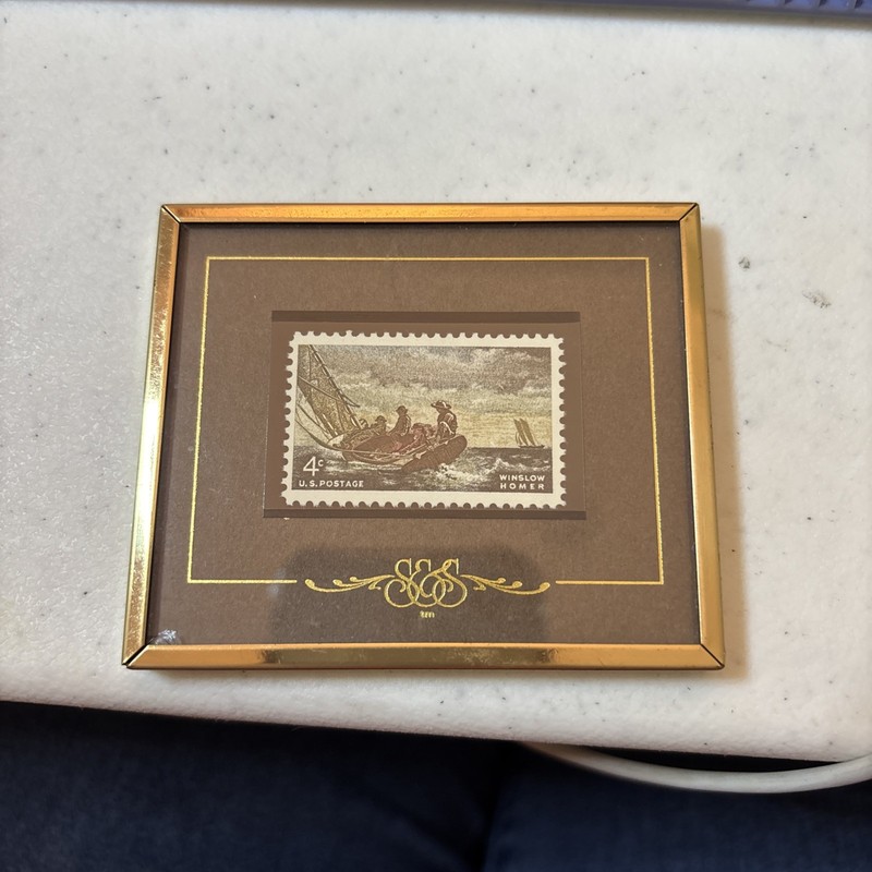 Framed Four Cent Postage Stamp. Winslow Homer. Gloucester, MA (Texas Stamps)