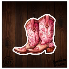 Pink Cowboy Cowgirl Boots - Vinyl Decal Sticker - Car Window Laptop - ebn9444