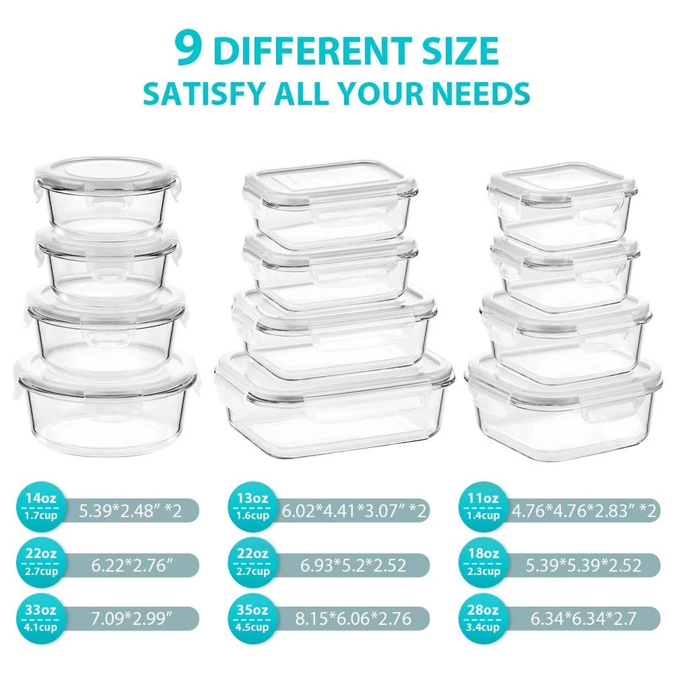 Bayco 12 Pack Glass Food Storage Containers with Lids BPA Free Leak Proof Safe - Image 2 of 4