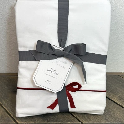 POTTERY BARN MONIQUE LHUILLIER NELL EMBROIDERED BOW SHEET SET, KING ~ RED BOW