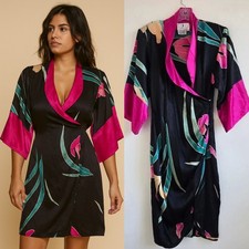 Vintage Flora Kung Sz 4 Kimono Button Silk Black Pink Floral Wrap Dress