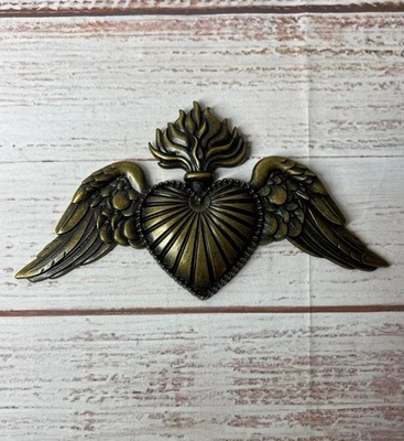 Antique Gold Winged Sacred Heart Wall Art Milagro Gothic Religious Decor - Image 1 of 4