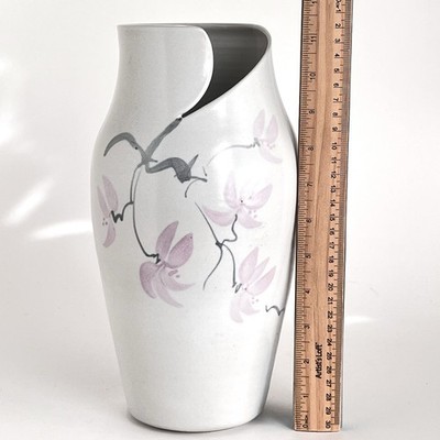Vase Cherry Blossom Studio Art Pottery Signed Hand Painted Soft Gray & Pink 11 