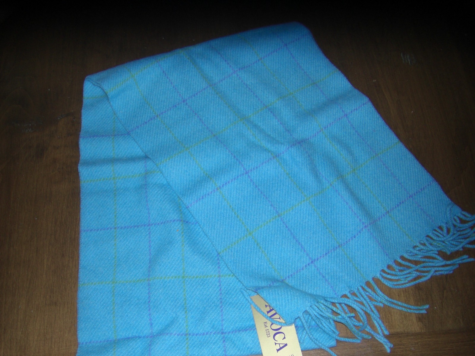 Avoca The Mill Ireland 100% Wool Fringed Scarf  Blue w/green NWT
