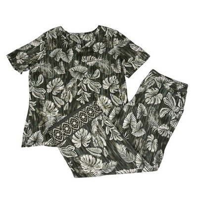 D&Co Beach Tropical Palm Leaf Lounge Set Womens M/L Green Capri Pants Pockets