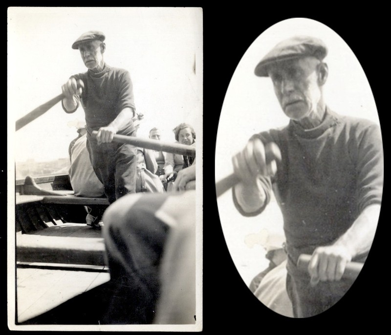 HEARTY OLD MAN ROWS OARS for WOMEN in ROWBOAT ~ 1930s PHOTO