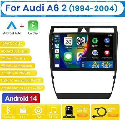 Fit Audi A6 C5 S6 1997-2004 CarPlay GPS Navi Touch Screen Android 14 2+64G Radio