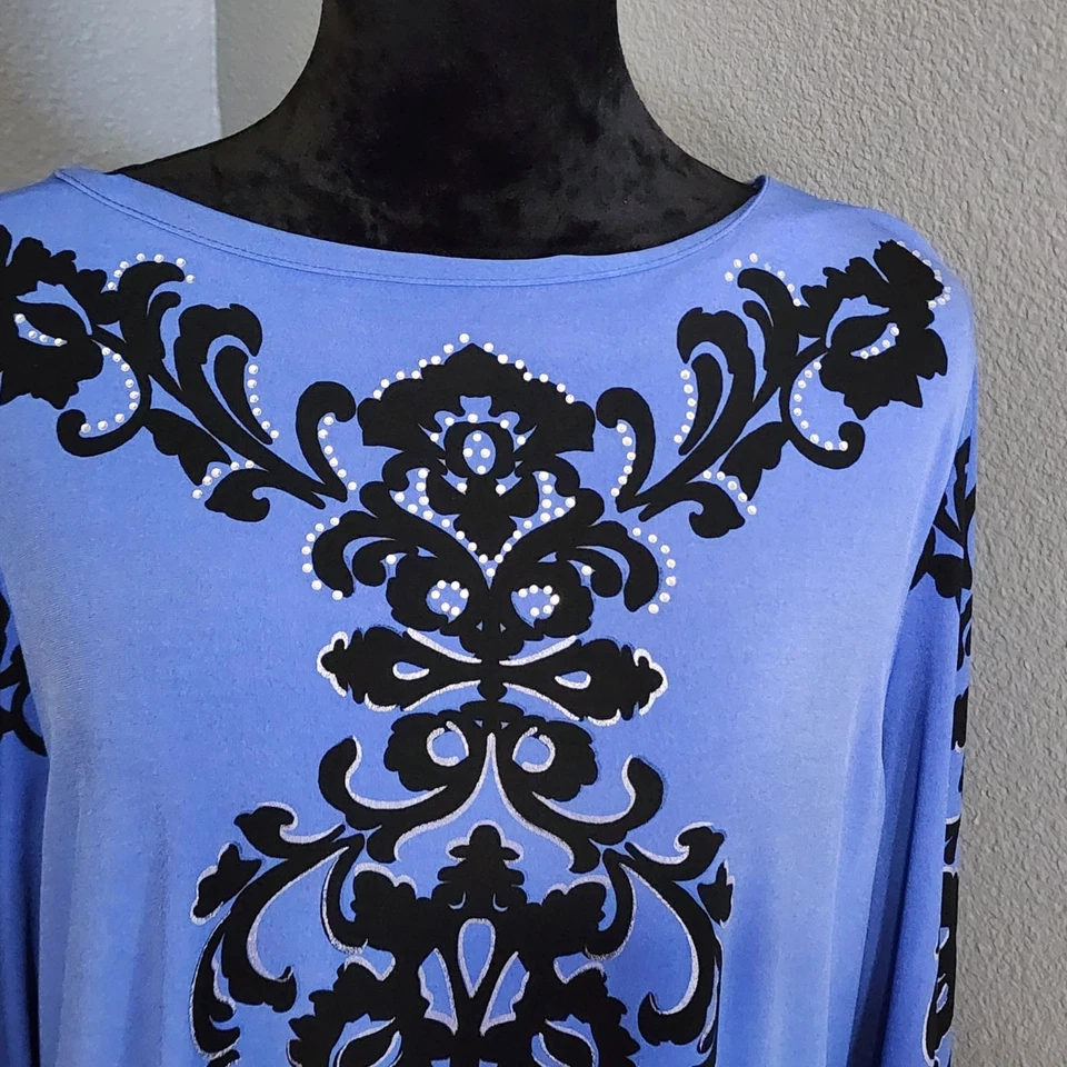 Camiseta túnica azul JM Collection XL negra con estampado barroco manga 3/4 elástica Foto 3 de 4