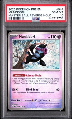 2025 Pokemon Prismatic Evolutions 044/131 Munkidori Master Ball Holo PSA 10