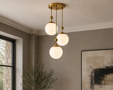 Brass Globe Chandelier 3 Light Staggered Pendant Mid Century Modern Ceiling