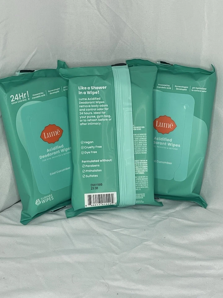 Lot of 3 Lume Acidified Deodorant Wipes - 45ct Each Cool Cucumber (135 Total) - Image 2 of 2