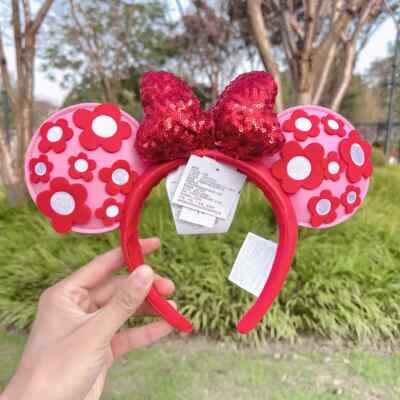 2024 Shanghai Disney Red Sequined Flower Minnie Mouse Ear 