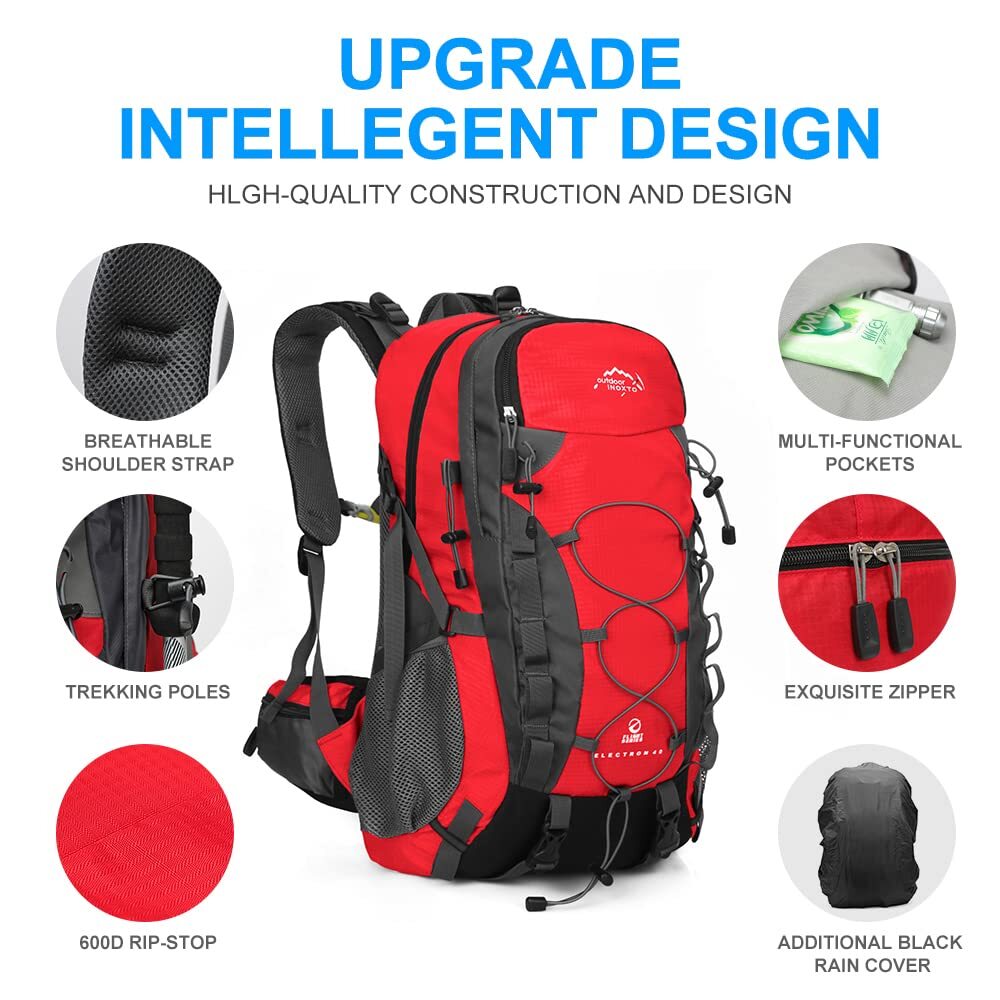 Lightweight 35L 40L Hiking Backpack with Waterproof Rain Cover in Red by INOXTO-image