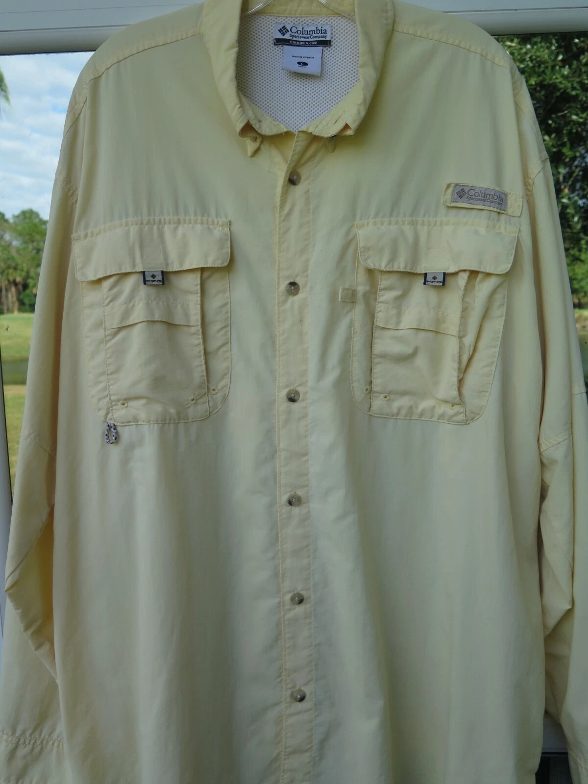 Columbia PFG Mens Long Sleeve Nylon Solid Yellow Vented Fishing Shirt Large EUC